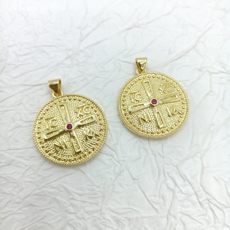  Round Round Shape Coin Shape Circle Cross Crisscross Jewelry Jesus Christian Gold Plated Copper Metal Cubic Zirconia Pendant