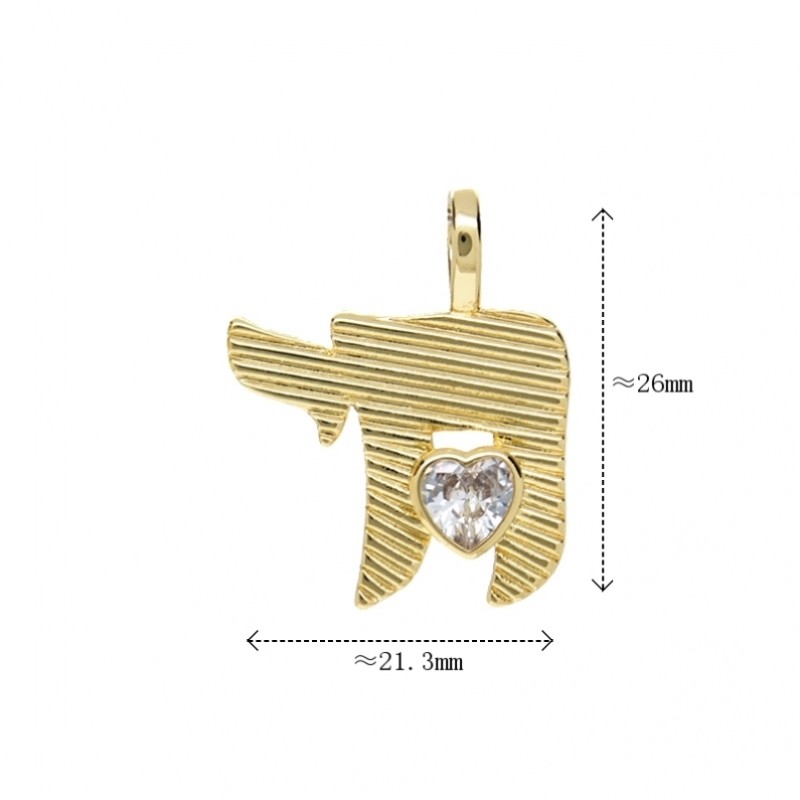 Alphabet Hebrew Chai Jewish Kabbalah Religious Jewelry Gold Plated Copper Metal Cubic Zirconia Pendant