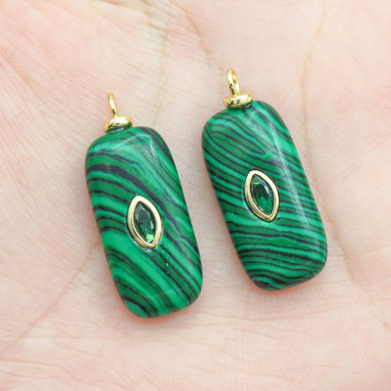 Approx 12.1x29.9mm Turkish Oblong Evil Eye Religious Islam Malachite Cubic Zirconia Gold Plated Invisible Setting Pendant