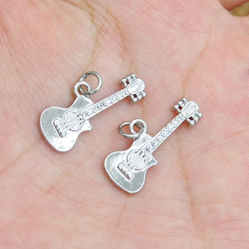 Approx 22x14.5mm Silver Plated Cubic Zirconia Pendant Guitar Musical Invisible Setting Charms For Women Jewelry Special Gift