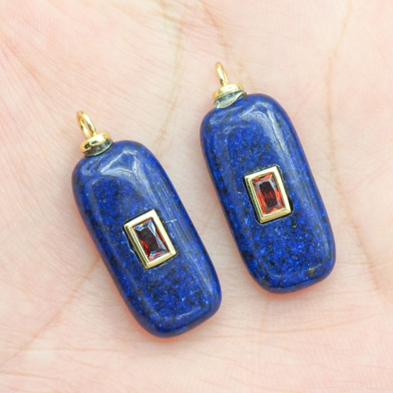 Approx 11.9x30.1mm Stone Lapis Lazuli Square Rectangle Round Coin Shape Gold Plated Invisible Setting Pendant