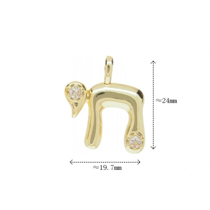 Alphabet Hebrew Chai Jewish Kabbalah Religious Jewelry Gold Plated Copper Metal Cubic Zirconia Pendant