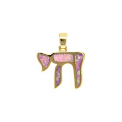 Alphabet Hebrew Chai Jewish Kabbalah Religious Jewelry Gold Plated Copper Metal Glass Opal Pendant