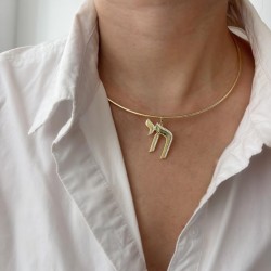 Alphabet Hebrew Chai Jewish Kabbalah Religious Jewelry Pendant Necklace Gold Plated Copper Metal Necklace